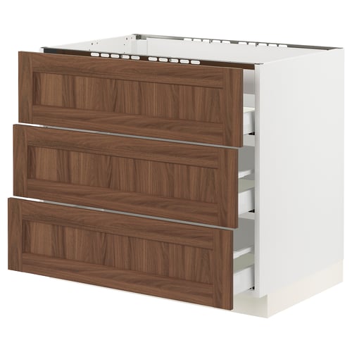 SEKTION kitchen storage, walnut drawer fronts, white base, three pull-out drawers, classic wood design.
