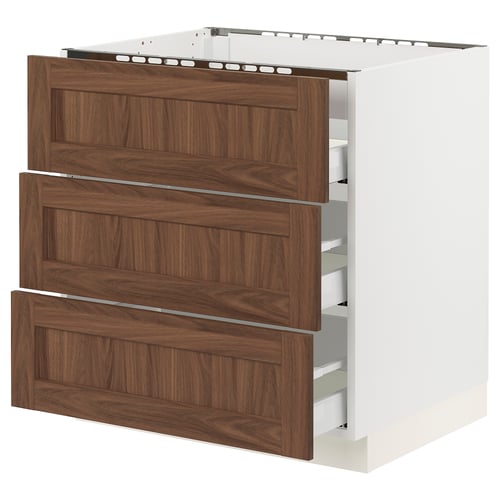 SEKTION kitchen unit with walnut-brown drawers and white frame, three large drawers.