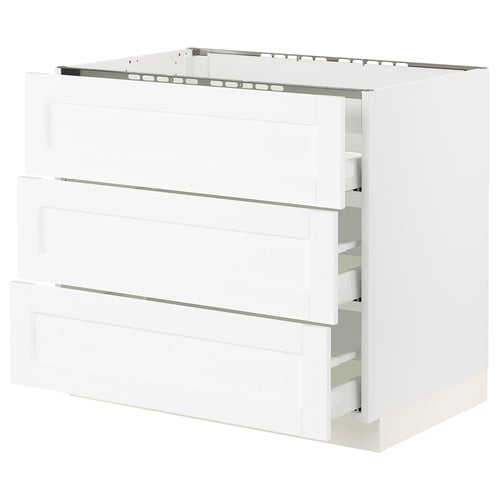 SEKTION white kitchen cabinet with three drawers, sleek and modern design.