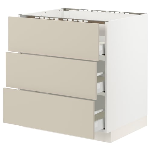 An ikea SEKTION kitchen cabinet in beige with three drawers.