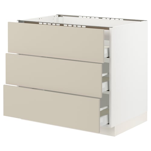 SEKTION kitchen cabinet in beige with three drawers.