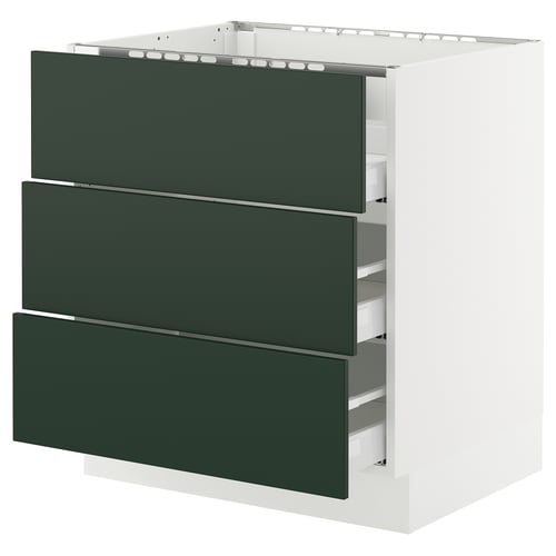This image an ikea SEKTION kitchen cabinet with three dark green drawers in a modern design.