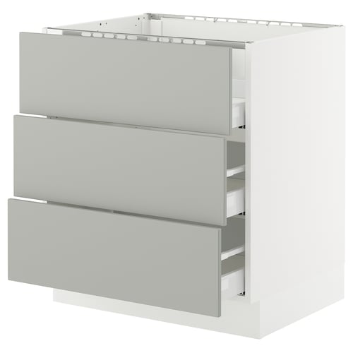 White SEKTION kitchen cabinet with grey drawers, modern minimalist design.