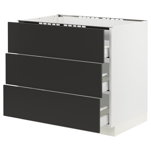 An ikea SEKTION kitchen cabinet with three black drawers and a white frame. Modern, rectangular design, ideal for storage.