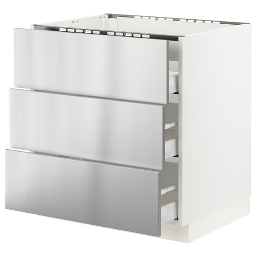 A stainless steel SEKTION kitchen base cabinet with three drawers. The cabinet is sleek, modern, and industrial in design.