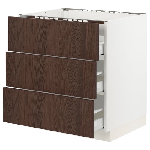 A white SEKTION kitchen cabinet with three dark brown sinarp wooden drawers, each with a metal handle and soft-close mechanism.