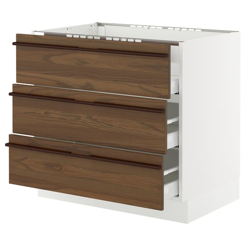 White & brown ikea SEKTION drawer unit with 3 dark ash veneer drawers.