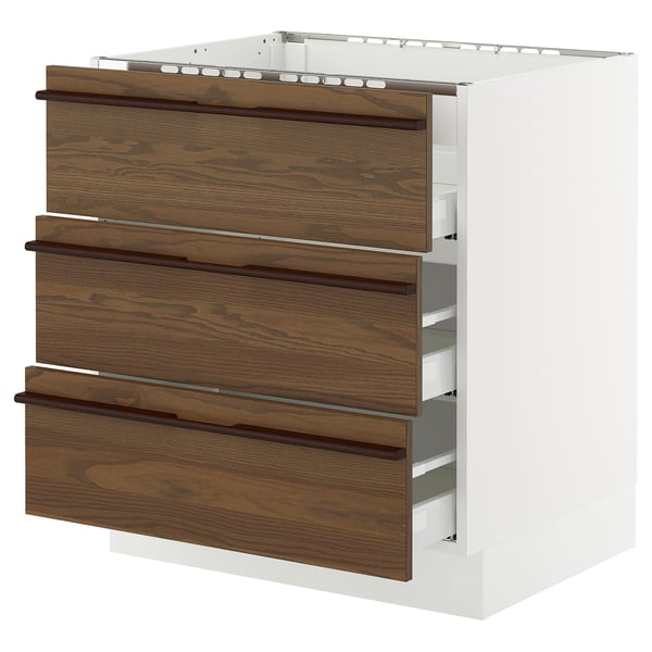 SEKTION / MAXIMERA Base cab f cktp/3 fronts/3 drawers, white/Stensta dark brown ash veneer, 30x24x30 "