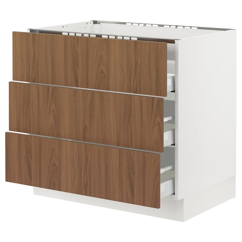 White SEKTION base cabinet with 3 smooth walnut drawers.