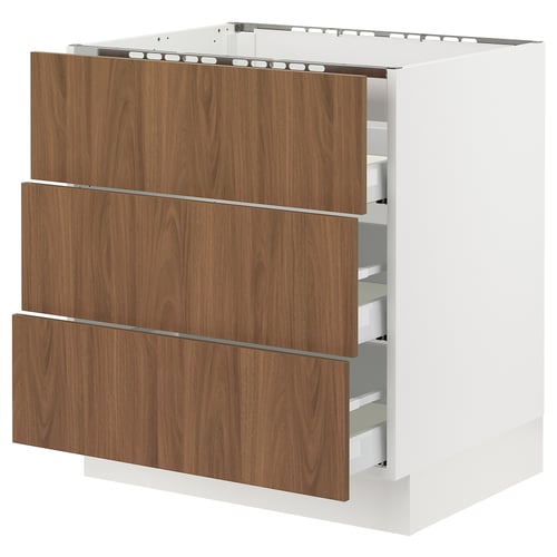 Modern white SEKTION kitchen unit with walnut drawers, rectangular, sleek design.