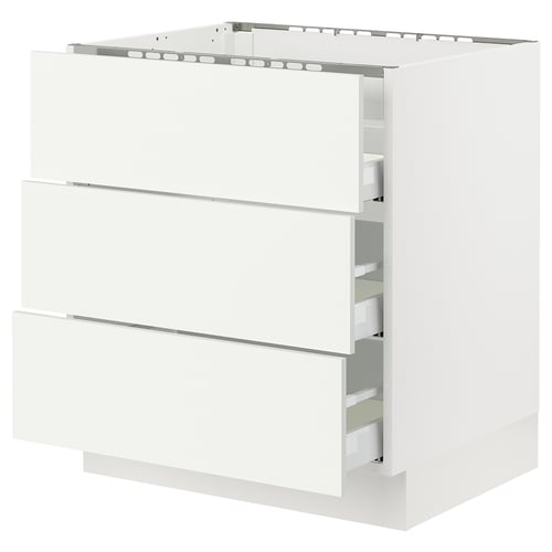 White SEKTION kitchen cabinet in modern design with three drawers, minimalist style, white finish.