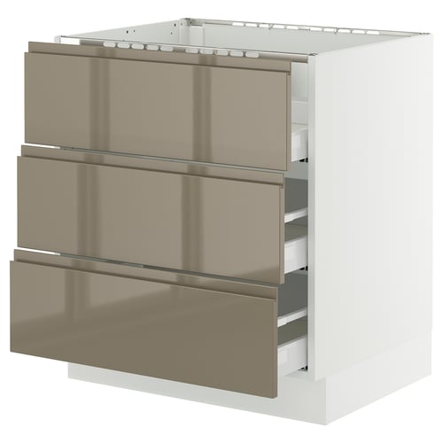 A modern kitchen cabinet with sleek, metallic bronze drawers in a high-gloss finish, framed by sharp edges and a clean, white base.