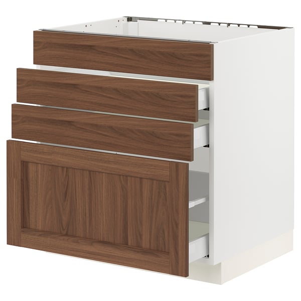 SEKTION / MAXIMERA Base cab f cktp/4 fronts/3 drawers, white Enköping/brown walnut effect, 30x24x30 "
