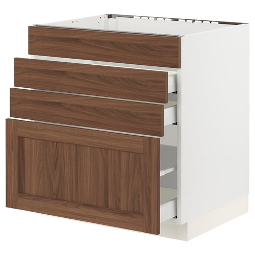 SEKTION kitchen unit with walnut finish drawers and white base, sleek and modern design.