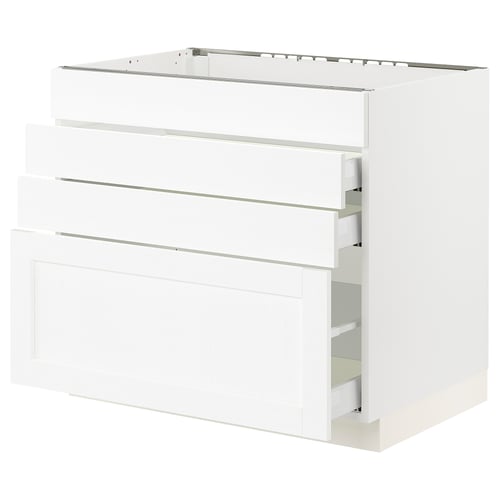 A white SEKTION kitchen cabinet with drawers. It a smooth, modern design with multiple storage compartments.