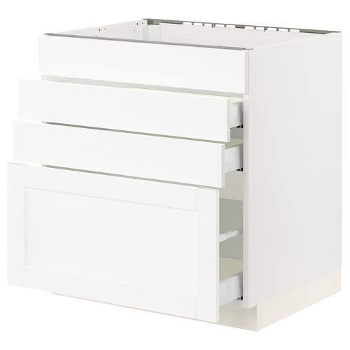 White SEKTION kitchen cabinet with three drawers and open top shelf. Modern, minimalist design in a clean, sleek style.