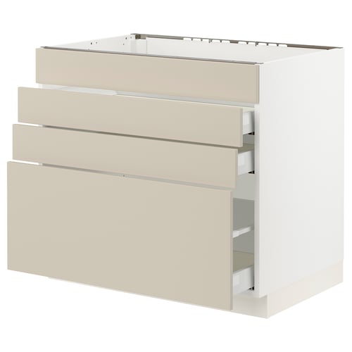 SEKTION beige kitchen cabinet with drawers, modern design, soft close drawers.