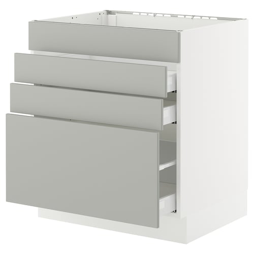 Modern white kitchen cabinet with drawers and grey handles in SEKTION system.
