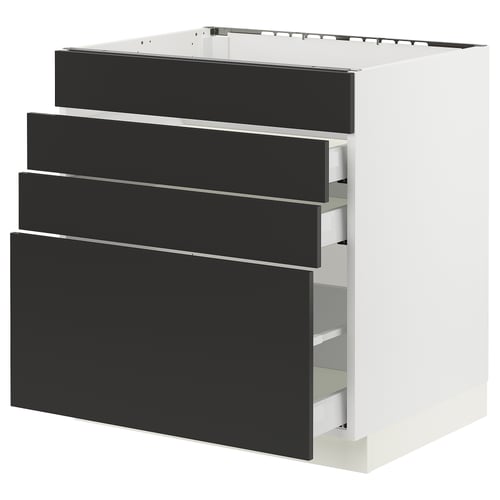 Modern black drawer unit, white body, four drawers, sleek minimalist design.