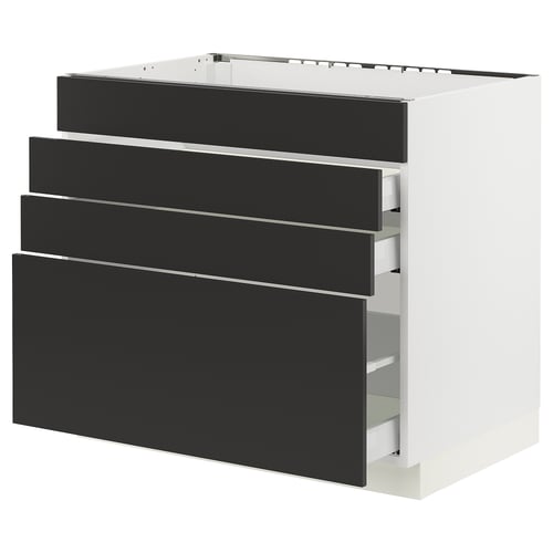 Modern white kitchen cabinet with four black drawers, sleek design, sturdy build.