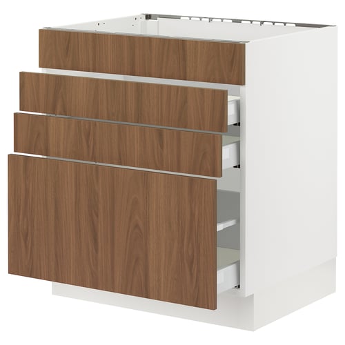 Modern kitchen cabinet, white SEKTION with walnut drawers, sleek horizontal design.