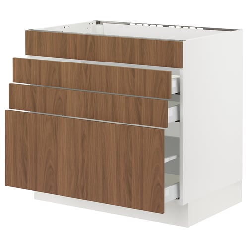 Modern kitchen cabinet: SEKTION with tistorp walnut fronts, sleek design, four drawers, durable white frame.