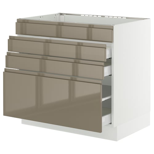 Modern dark gray-brown kitchen cabinet with sleek handles and multiple drawers.