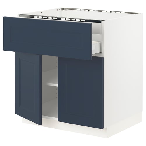 Blue SEKTION kitchen unit: 2 open doors, 1 drawer, white frame.