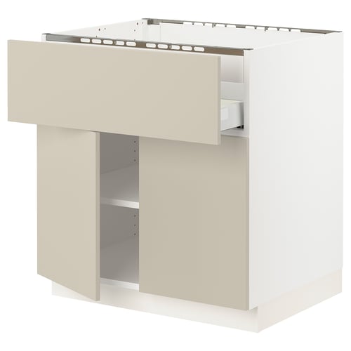 SEKTION kitchen unit in beige with drawers and shelves, modern and minimalist design.