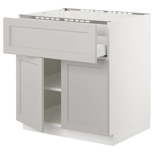 White SEKTION kitchen cabinet, light grey lerhyttan fronts, bevelled edges, adjustable shelves.