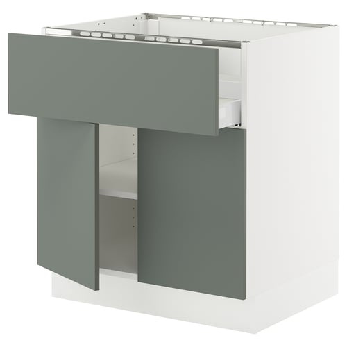 SEKTION kitchen unit in grey-green with white frame, matte finish, rectangular shape, incorporating a drawer and open shelf.