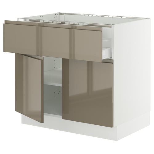 SEKTION high gloss dark grey-brown kitchen unit with integrated handles and adjustable shelves.