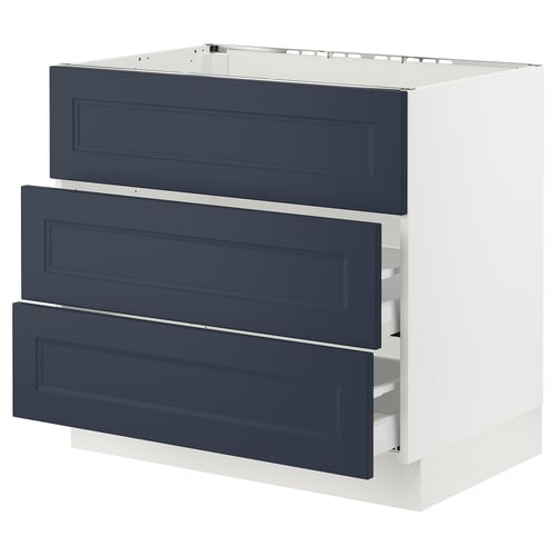 Three-drawer kitchen cabinet in blue with white frame, sleek modern design.