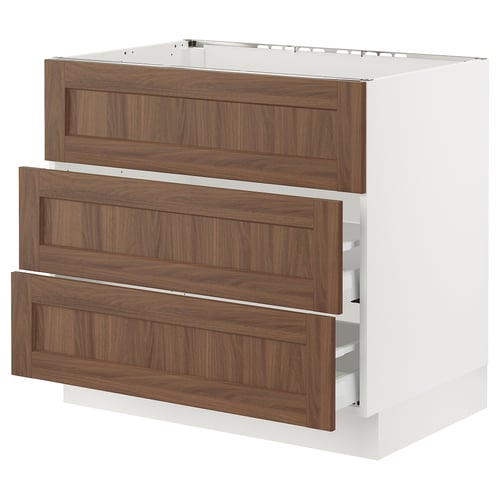 SEKTION kitchen cabinet; white with walnut drawers; three drawers; sturdy, classic design.