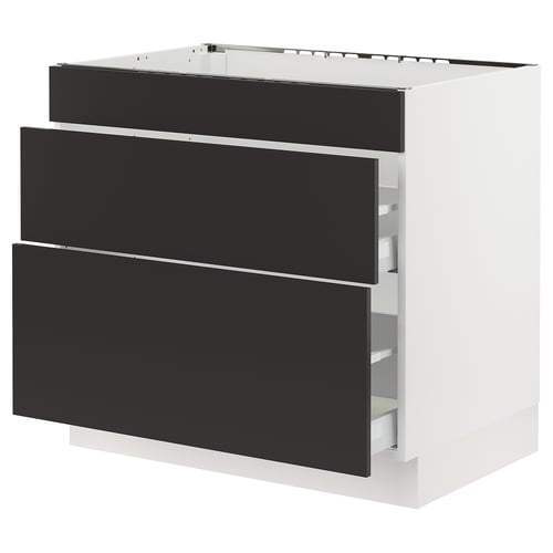 SEKTION kitchen cabinet in matte black with three drawers and white frame.