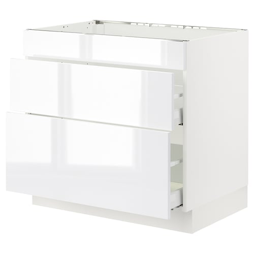 SEKTION high gloss white kitchen cabinet with smooth drawers.