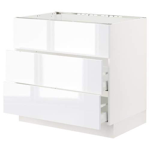 White gloss kitchen cabinet, rectangular, three-drawer design, modern and sleek.
