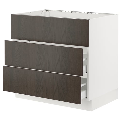 A modern white kitchen cabinet with three dark brown drawers, each with a smooth wood edge. The design is minimalist and sleek.