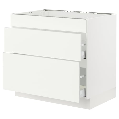 SEKTION kitchen cabinet in white. Made of particleboard and plastic foil. Allows full-extension drawers. Three drawer fronts.