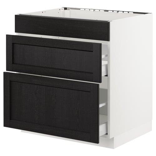 SEKTION kitchen unit, black drawers, white frame, dark wood grain.