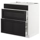 SEKTION kitchen unit, black drawers, white frame, dark wood grain.
