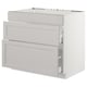 Light grey kitchen cabinet, modern design, two open drawers, flat top, sturdy frame.