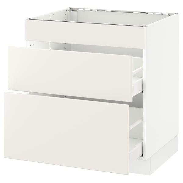 White SEKTION kitchen cabinet with maximera drawer, smooth lines, particleboard.