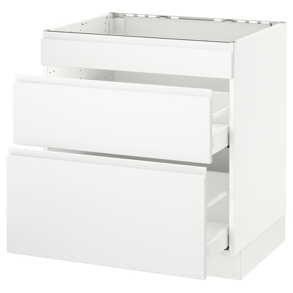 A white SEKTION kitchen cabinet with drawers. Its modern, with clean lines and minimalist design.