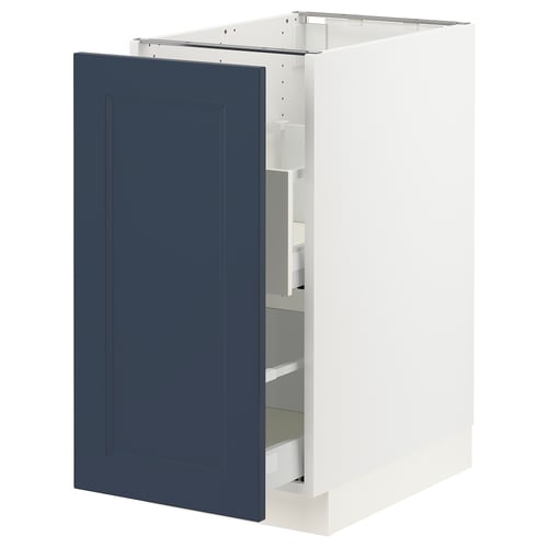 SEKTION kitchen cabinet, blue axstad front, white framework, tall rectangular shape with three shelves.