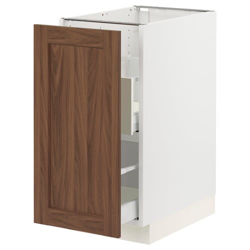 Ikea SEKTION white cabinet with walnut brown door and drawers.
