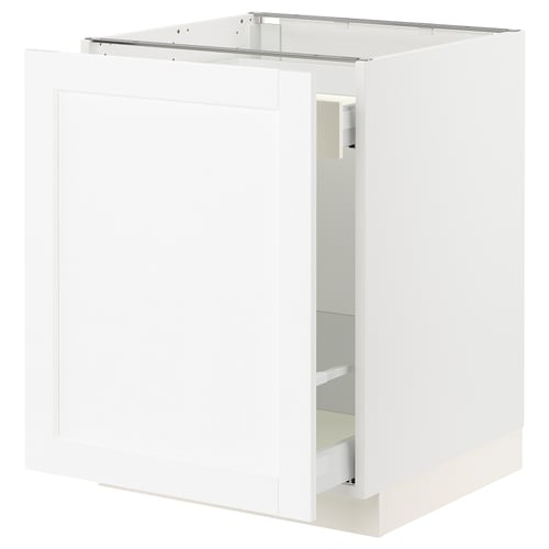 White wooden kitchen cabinet with open drawer.
