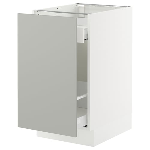 Grey ikea SEKTION kitchen cabinet, modern, minimalist, open door revealing shelves.