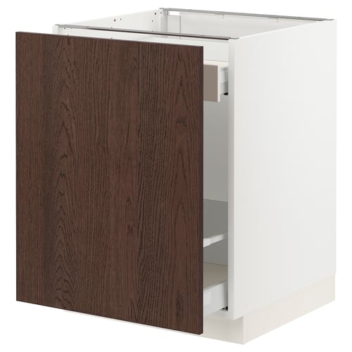 Modern white kitchen cabinet, dark brown veneer.