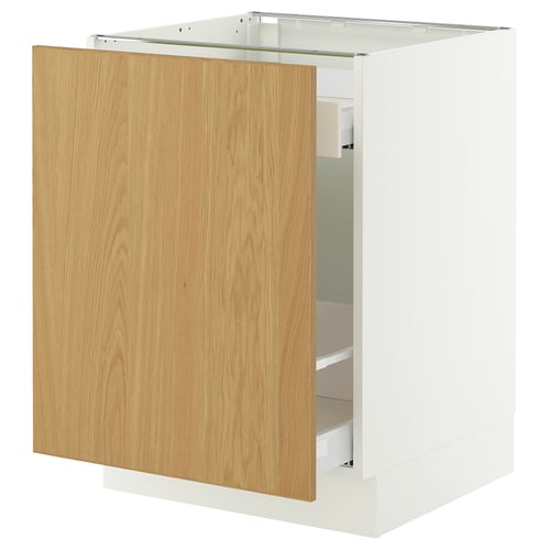 White SEKTION cabinet with oak door, pull-out drawer.